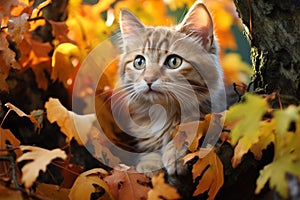 Kitty finds a cozy spot amidst falls golden foliage on tree