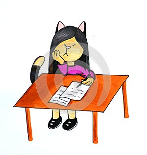 Kitty girl studying while sitting at the table