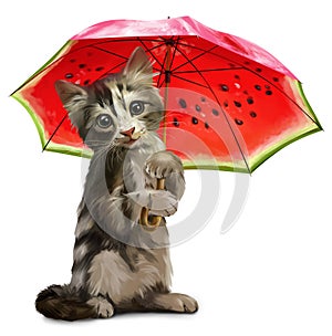 Kitty holds a red umbrella