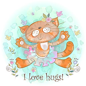 Kitty hug. Cat ballerina loves to cuddle. Vector. Watercolor