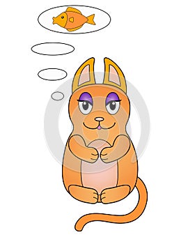 Kitty is meditating or dreaming of a delicious fish. Kitty is sitting in lotus position and is thinking. Vector full color cat for