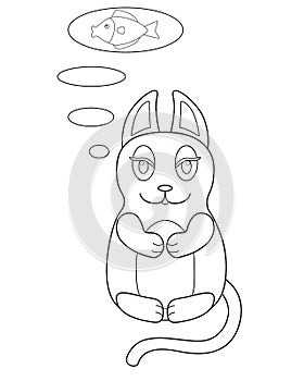 Kitty is meditating or dreaming of a delicious fish. Kitty is sitting in lotus position and is thinking. Vector linear cat colorin photo