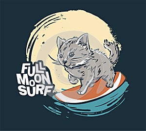 Kitty night surfer cool summer t-shirt print. Cat midnight ride surfboard on big wave.