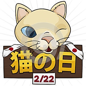 Kitty over Wooden Sign to Celebrate Japanese Cat Day, Vector Illustration
