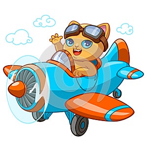 Kitty pilot cartoon vector illustration of kitten in toy airplane for kid birthday greeting card design template