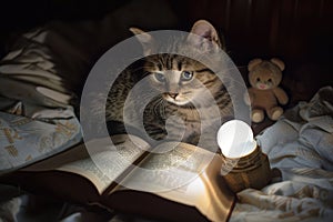 Kitty Reading A Book with Teddy Bear, Magic Childhood, Fairy Tale at Dream, Night Light