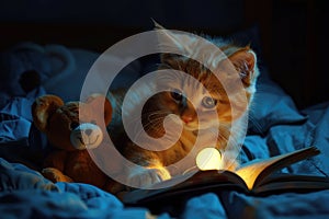 Kitty Reading A Book with Teddy Bear, Magic Childhood, Fairy Tale at Dream, Night Light