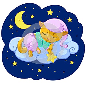 Kitty sleeping cartoon vector illustration of kitten dream sleep on cloud stars in pajama for kid T-shirt print design