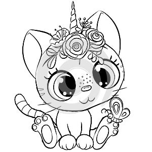 Kitty unicorn outlined for coloring book isolated on a white background