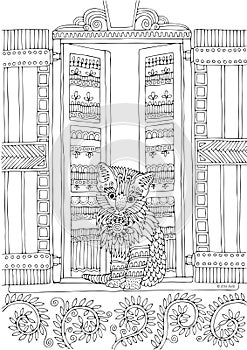 Kitty on the window, coloring page