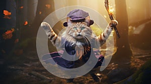 Kitty wizard fantasy themed background.Concept portrait of a cute cat dressed up. generative ai