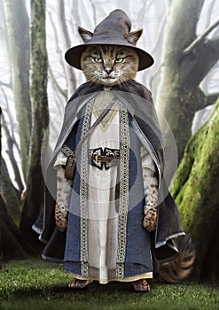 Kitty wizard fantasy themed background.Concept portrait of a cute cat dressed up in a sorceress cloak