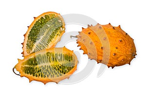 Kiwano or African horned melon fruit, fresh tropical fruits isolated on white background