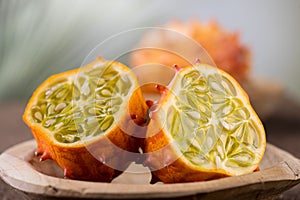 Kiwano fruit or Horned melon close up. Fresh and juicy African horned cucumber or jelly melon