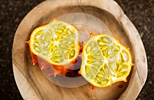 Kiwano fruit or Horned melon close up. Fresh and juicy African horned cucumber or jelly melon