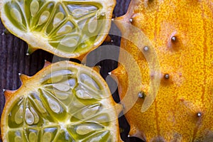 Kiwano fruit Horned melon is known by such names as African horned melon or melon, jelly melon, hedged gourd, English Tomato,