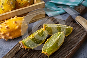 Kiwano fruit Horned melon is known by such names as African horned melon or melon, jelly melon, hedged gourd, English Tomato, photo