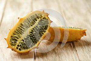 Kiwano or horned melon cut in halves