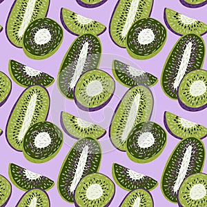 Kiwi abstract slices seamless doodle pattern in green colors. Pastel lilac background. Vitamin summer tropic fruits