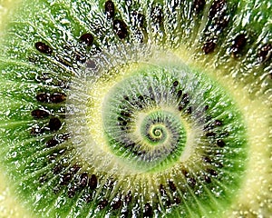 Kiwi abstract texture fractal spiral. Kiwi background. Abstract green black fruit fractal effect. Food incredible background. Funn