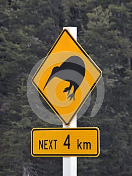 Kiwi Birds in Next 4 Kilometres Road Sign New Zealand