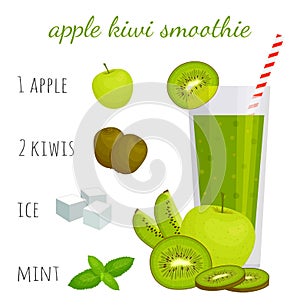 Kiwi Cocktail Recipe. How to make a green smoothie. Vector illustration