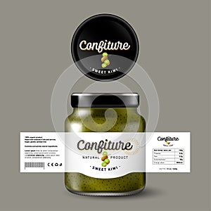 Kiwi confiture. Sweet food. White label with fruits and letters. Mock up of glass jar with label.