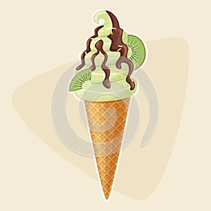 Kiwi flavored ice cream in a waffle cone photo