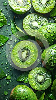 Kiwi fruit background and space for text , Photorealistic , AI generated