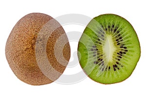 Kiwi fruit cut on two isolated on white background top view. Pulp and skin of kiwi