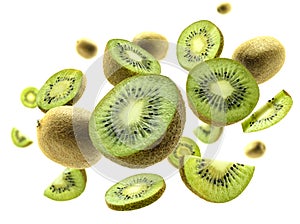 Kiwi fruit levitating on a white background