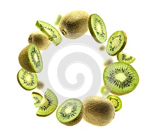 Kiwi fruit levitating on a white background