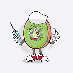 Kiwi Fruit mascot character as nurse with medical syringe