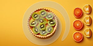 Kiwi fruit slice topping pie tart mud cake crackers blurred background