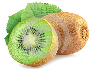 Kiwi fruit, kiwi slice and leaves isolated on white background