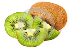 kiwi fruit with slices and green leaves isolated on a white background