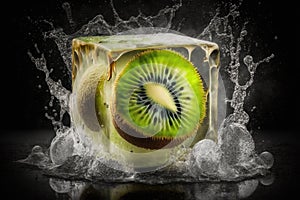 Kiwi fruit under ice cube water splash