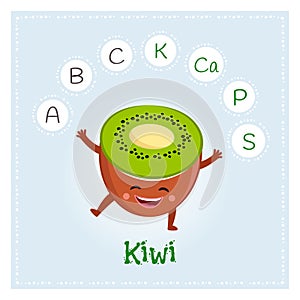 Kiwi fruit vitamins and minerals. Funny fruit character. Healthy food illustration