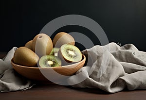 Kiwi fruit in wooden bowl close up