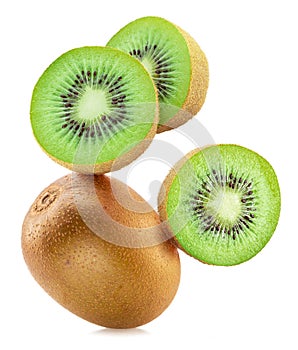 Kiwi fruits and kiwi slices flying in air isolated on white background