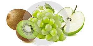 Kiwi, green grapes and apple isolated on white background