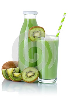 Kiwi green smoothie fruit juice drink kiwis glass and bottle isolated on white