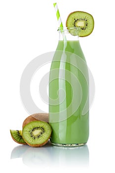 Kiwi green smoothie fruit juice drink straw kiwis in a bottle isolated on white