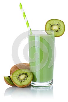 Kiwi green smoothie fruit juice drink straw kiwis in a glass isolated on white