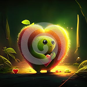 Kiwi hugging heart Cute frog with heart in the forest. Digital painting illustration. generative AI animal ai