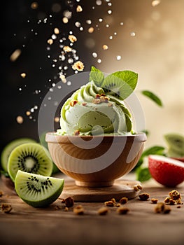 Kiwi ice cream, floating, delicious refreshing treat gelato. High vitamins and minerals, cinematic advertising photography