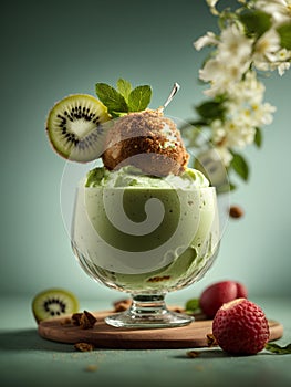 Kiwi ice cream, floating, delicious refreshing treat gelato. High vitamins and minerals, cinematic advertising photography