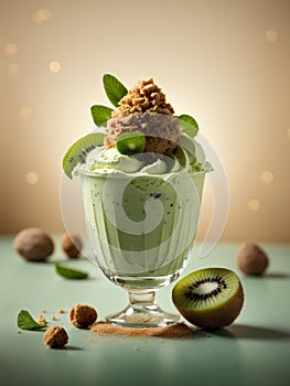 Kiwi ice cream, floating, delicious refreshing treat gelato. High vitamins and minerals, cinematic advertising photography