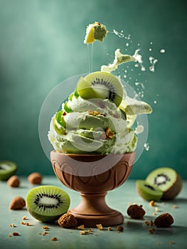 Kiwi ice cream, floating, delicious refreshing treat gelato. High vitamins and minerals, cinematic advertising photography