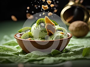 Kiwi ice cream, floating, delicious refreshing treat gelato. High vitamins and minerals, cinematic advertising photography